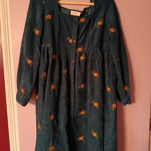 Listicle Teal Corduroy Dress with Orange Floral Details